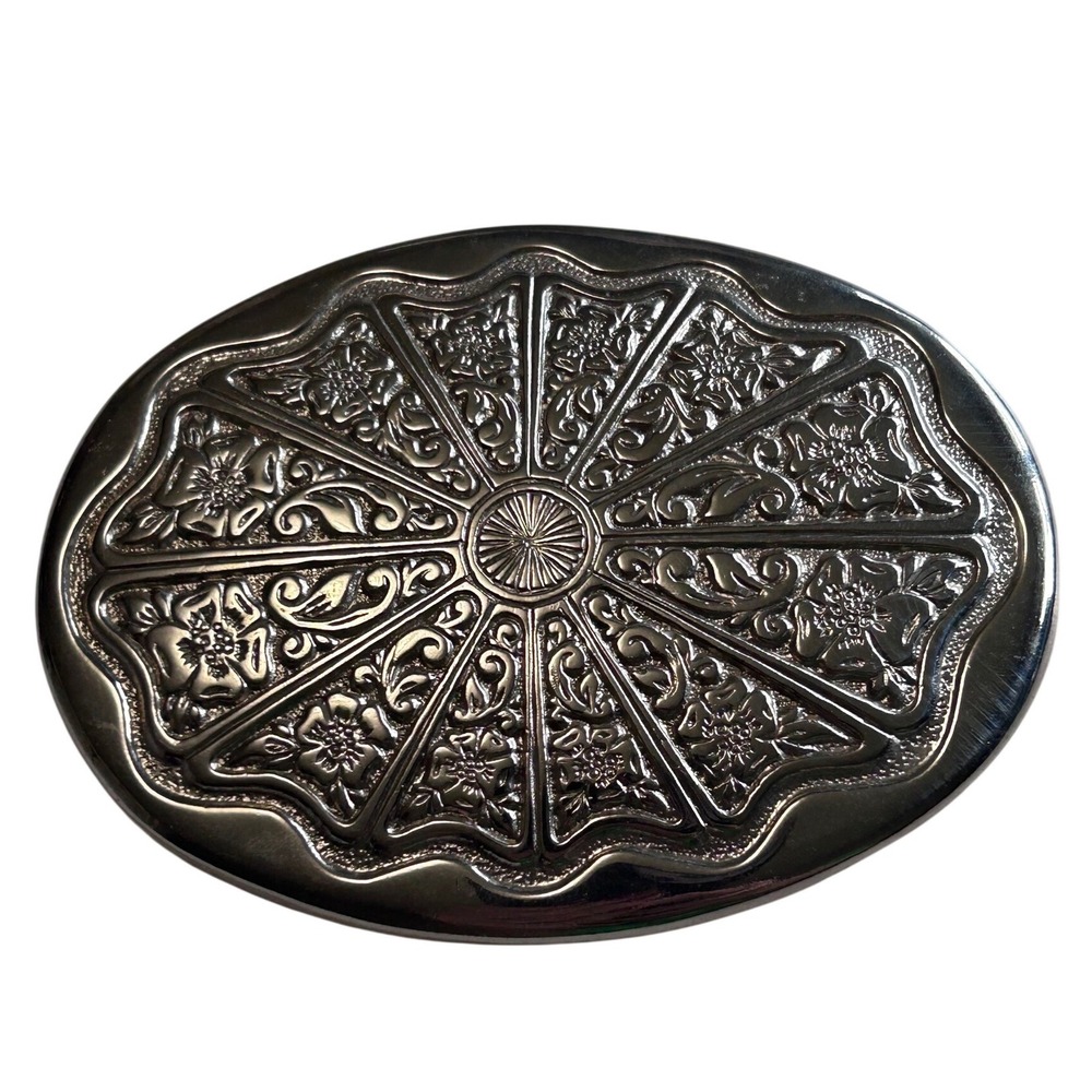 Vintage 1980s Oversized Silver Tone Floral Belt Buckle Western Concho 4"